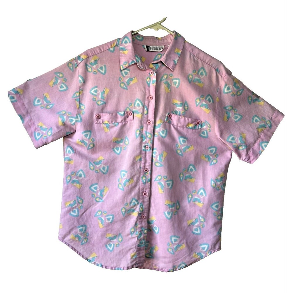 SK & Company Pink Geometric Collared Woven Button-Up Short Sleeve Shirt 12 Vtg